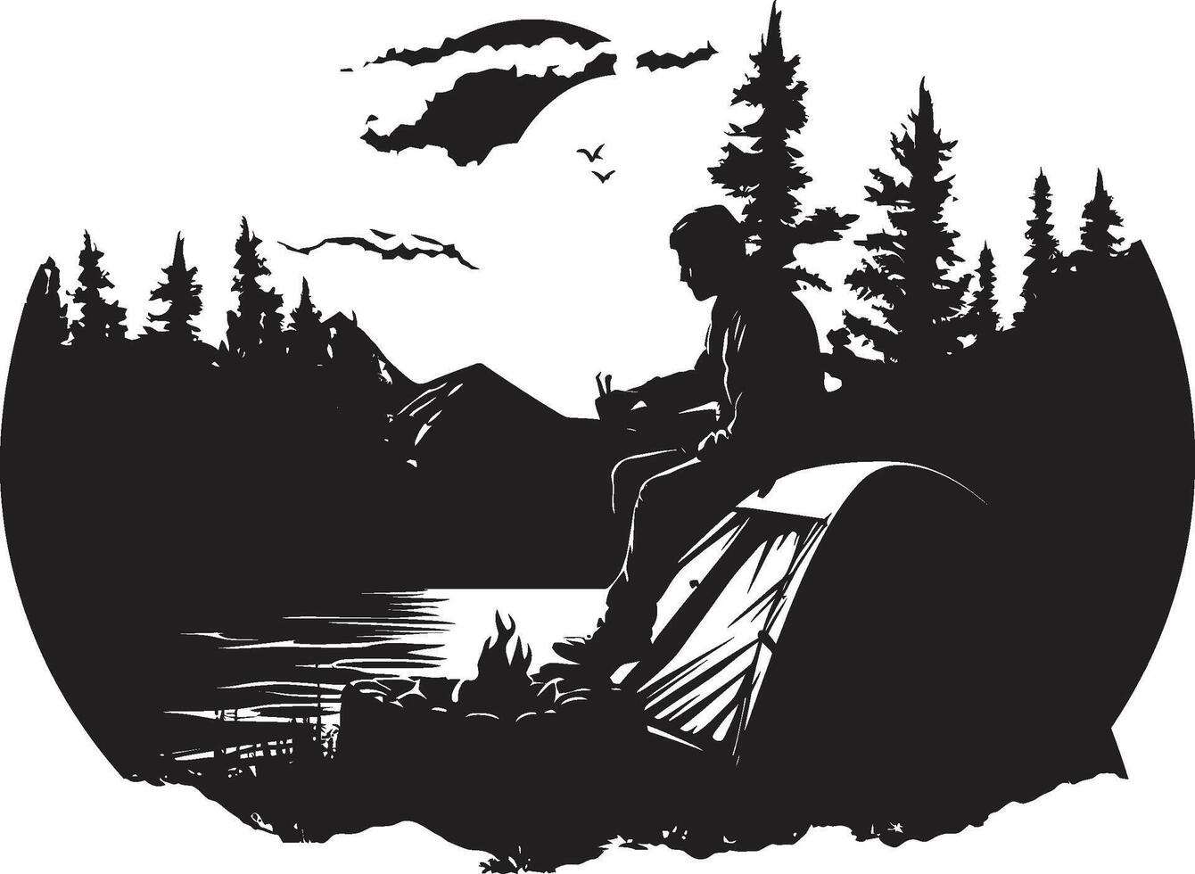 crepuscolo ritiro elegante monocromatico emblema per avventuroso camper natura selvaggia sussurra nero vettore logo design icona per ore notturne beatitudine
