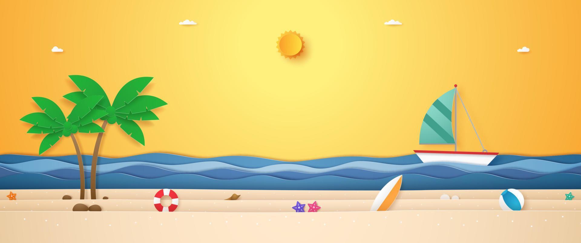 paesaggio di barca a vela sul mare ondulato, roba estiva e albero di cocco sulla spiaggia con sole splendente nel cielo del sole per l'estate in stile arte cartacea vettore
