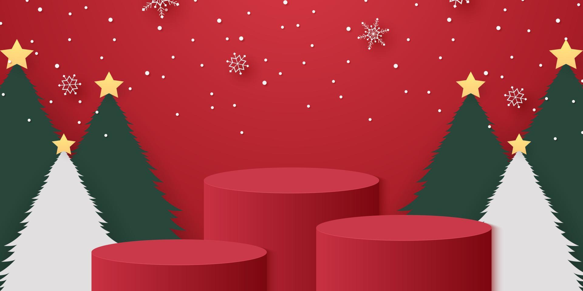 podio cilindrico rosso con alberi di natale, fiocchi di neve e neve che cade, modello mockup per evento in paper art vettore