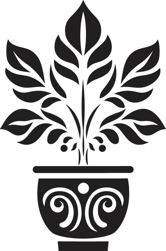 petalo pot-pourri elegante nero vettore emblema evidenziazione pianta pentola verde armonia elegante logo design con decorativo pianta pentola nel nero