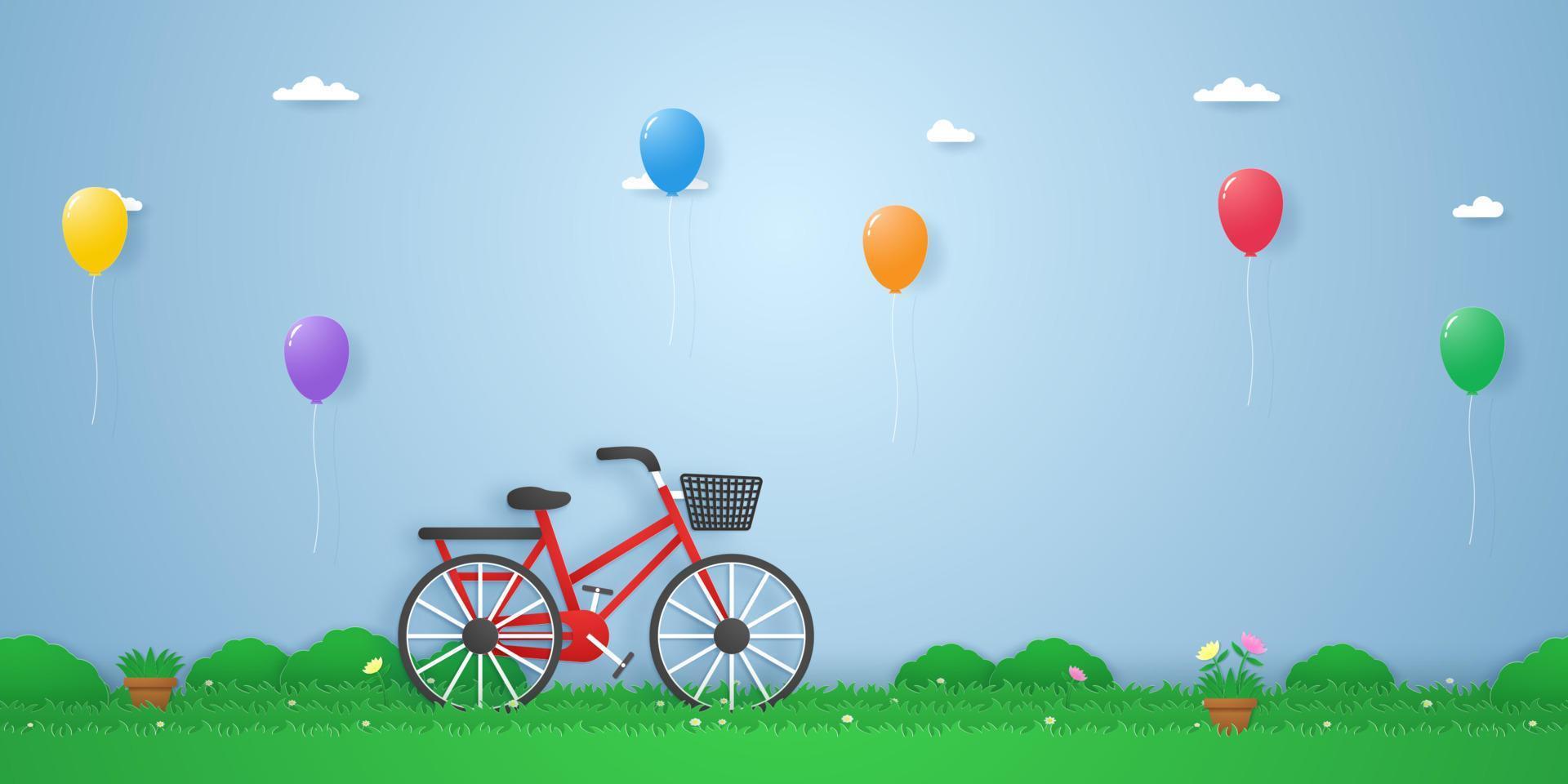 bicicletta in giardino con palloncini colorati che galleggiano in stile paper art vettore