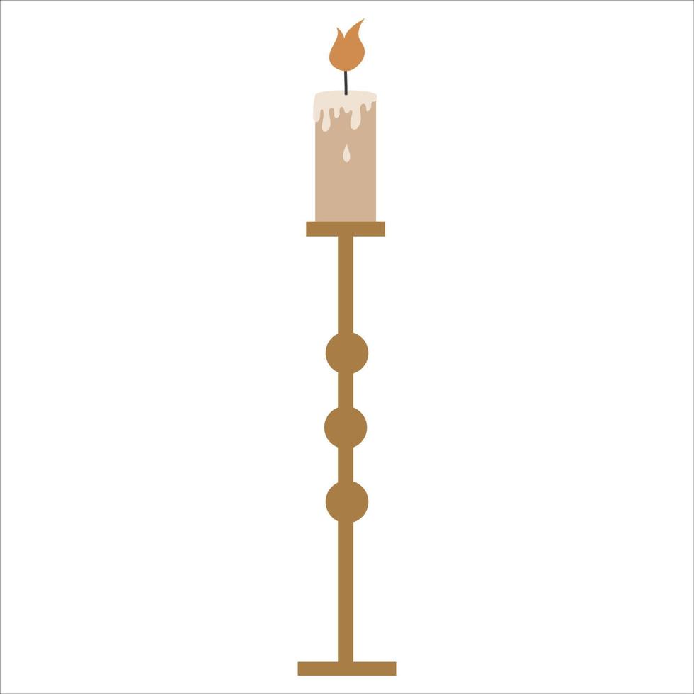 candeliere con candela a stelo lungo e cera gocciolante isolato su sfondo bianco.gamba in legno con inserti rotondi. fuoco per le serate di Natale invernali. vettore
