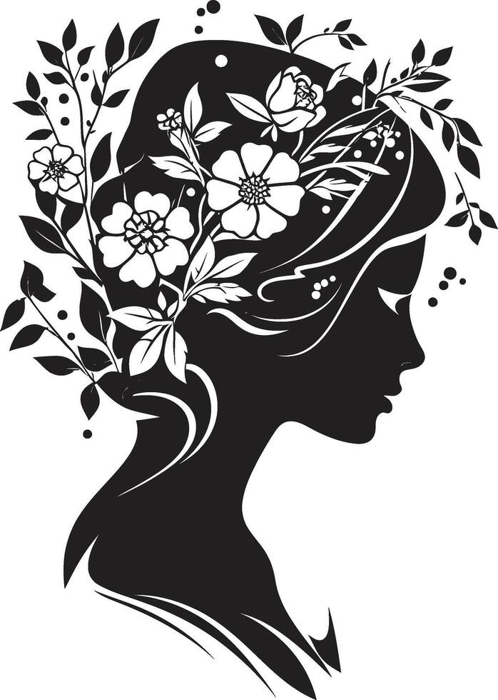 etereo fiori vettore simbolo di un' womans viso nel nero botanico bellezza nero logo design con floreale donna viso infusione