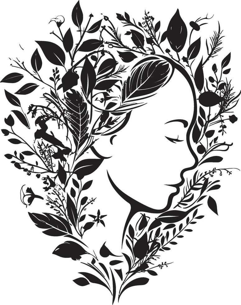 fioritura grazia nero logo design con un' femminile floreale viso petali di serenità vettore simbolo di un' womans viso nel nero