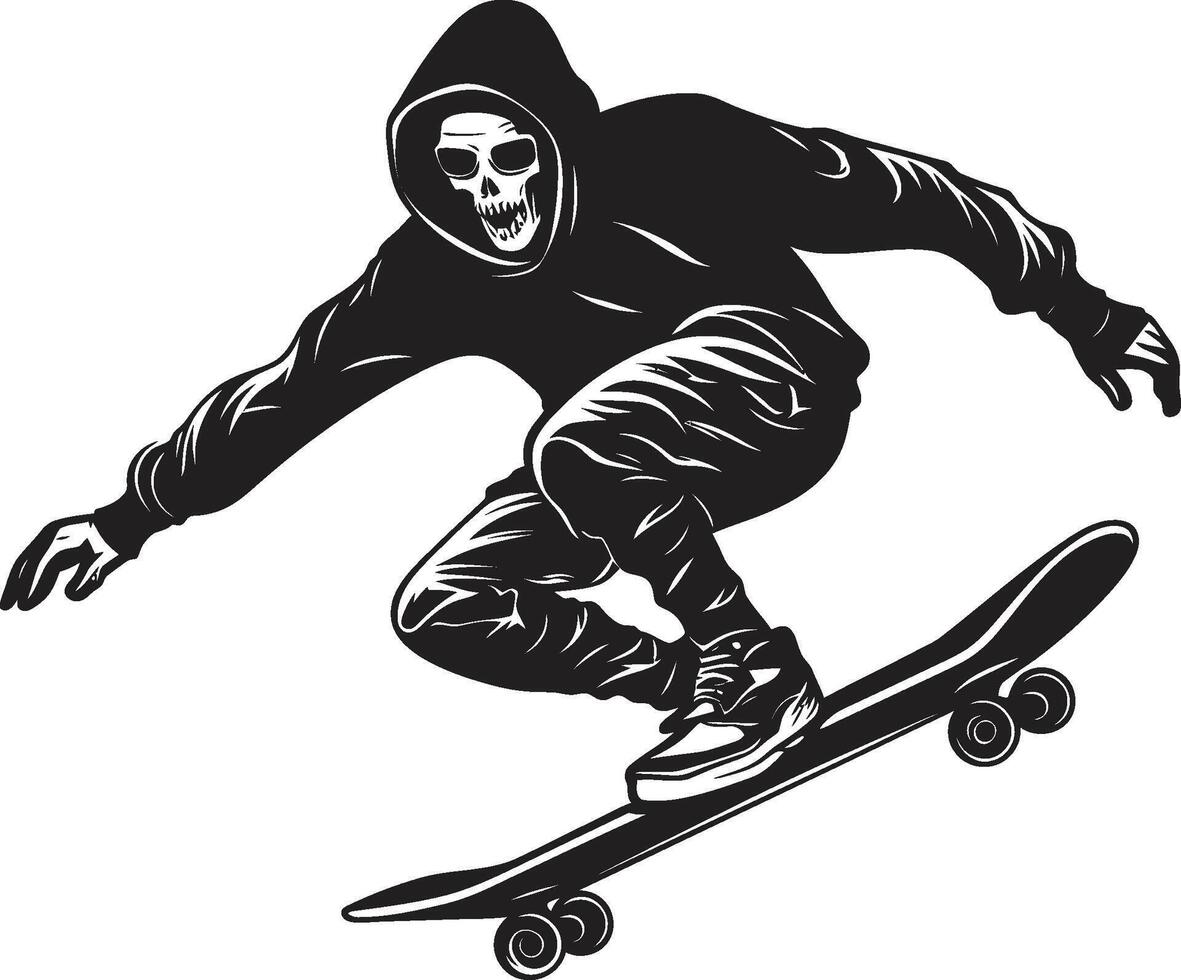 brivido battistrada tagliente nero logo design con un' andare con lo skateboard uomo icona rotolamento rapsodia vettore nero simbolo esprimendo il melodia di equitazione