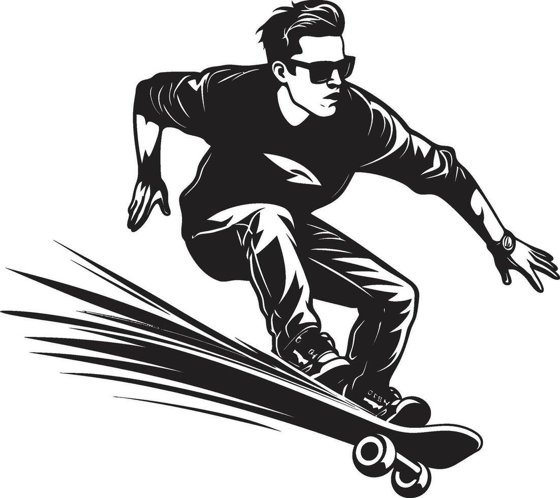 skateboard saggio nero logo design con un' saggio uomo su ruote gravità guru iconico vettore di un' uomo su un' skateboard nel nero