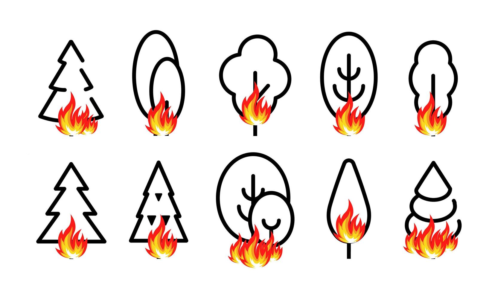set di icone di alberi con il fuoco, ferma il falò nelle icone della foresta. linea stile semplice per infografica, modello di progettazione logo, illustrazione vettoriale. vettore