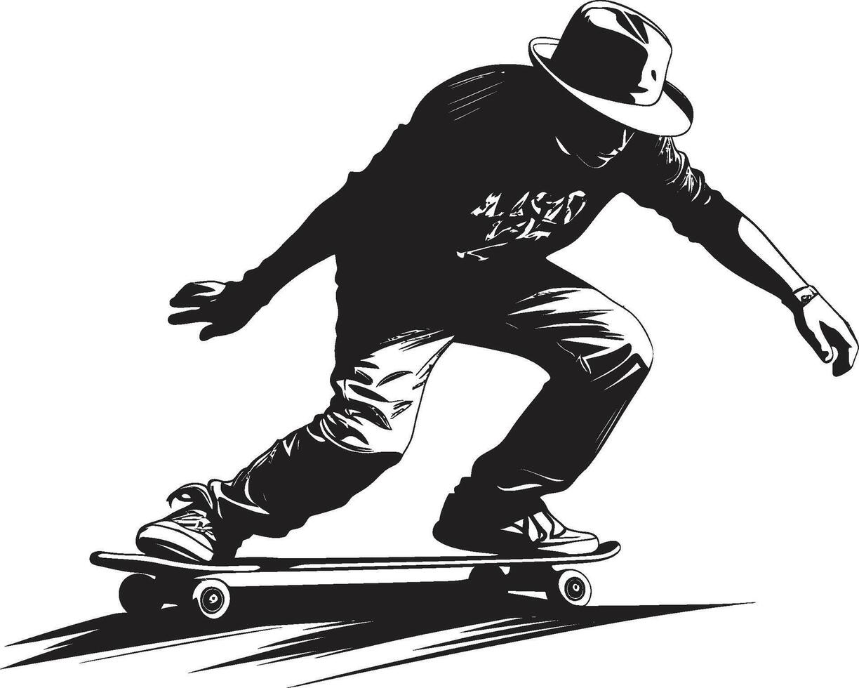 brivido battistrada tagliente nero logo design con un' andare con lo skateboard uomo icona rotolamento rapsodia vettore nero simbolo esprimendo il melodia di equitazione