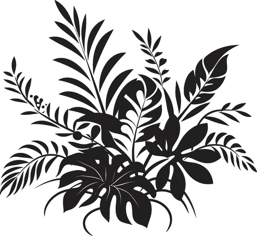 lussureggiante tropici vettore nero logo design con tropicale fiori giungla armonia elegante iconico design con squisito pianta le foglie nel nero