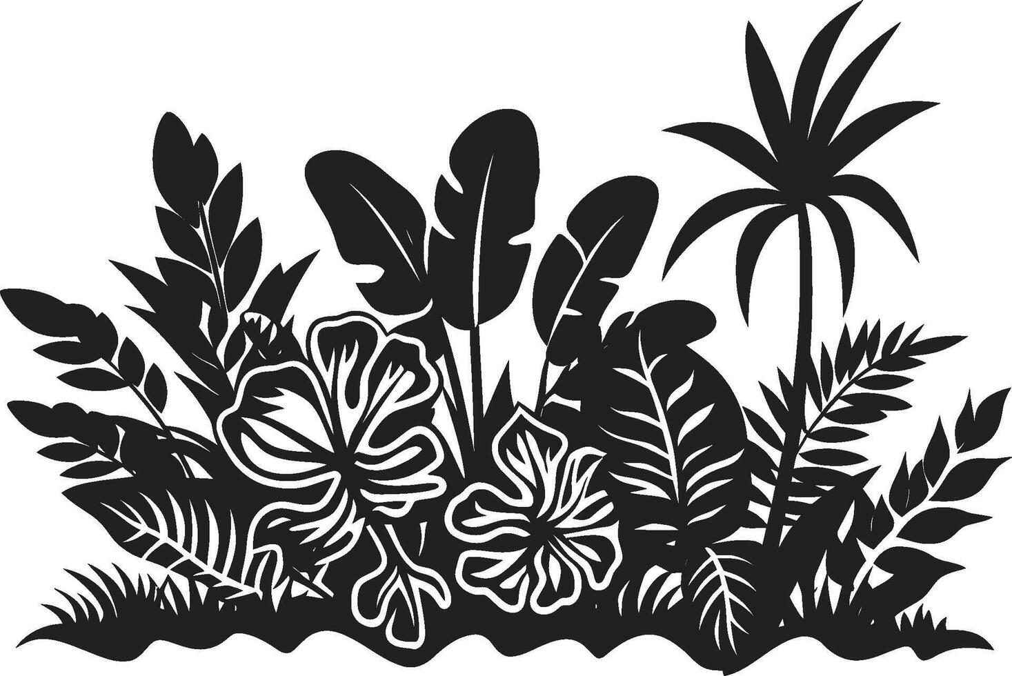 tropicale fascino iconico simbolo nel nero con pianta le foglie e fiore vettori isola oasi dinamico nero logo design con tropicale pianta le foglie e fiori