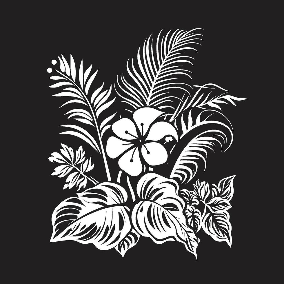 Paradiso petali elegante vettore icona di tropicale pianta le foglie e fiori nel nero esotico fogliame vettore nero logo design con tropicale pianta le foglie e fiori