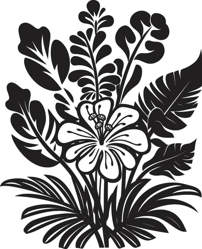 esotico fogliame vettore nero logo design con tropicale pianta le foglie e fiori tropico eleganza iconico simbolo nel nero con pianta le foglie e fiore vettori