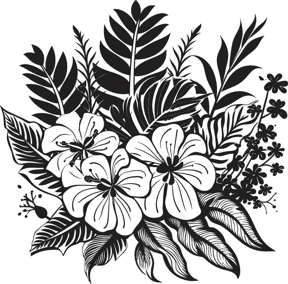 lussureggiante tropici vettore simbolo di pianta le foglie e fiori nel nero logo botanico beatitudine elegante nero icona design con tropicale pianta le foglie e fiori