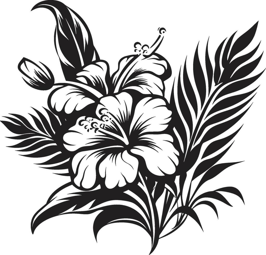 botanico beatitudine elegante nero icona design con tropicale pianta le foglie e fiori giungla armonia vettore nero logo con esotico pianta le foglie e fiori