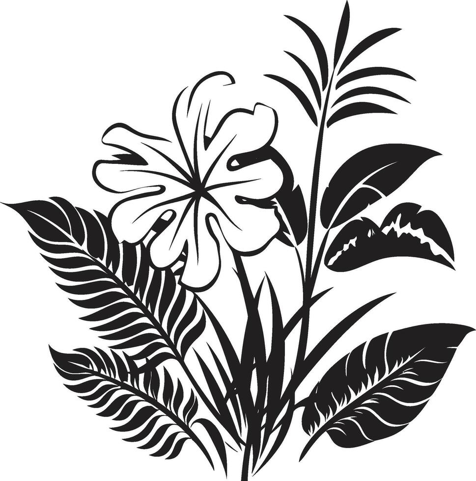 tropicale fascino iconico simbolo nel nero con pianta le foglie e fiore vettori isola oasi dinamico nero logo design con tropicale pianta le foglie e fiori