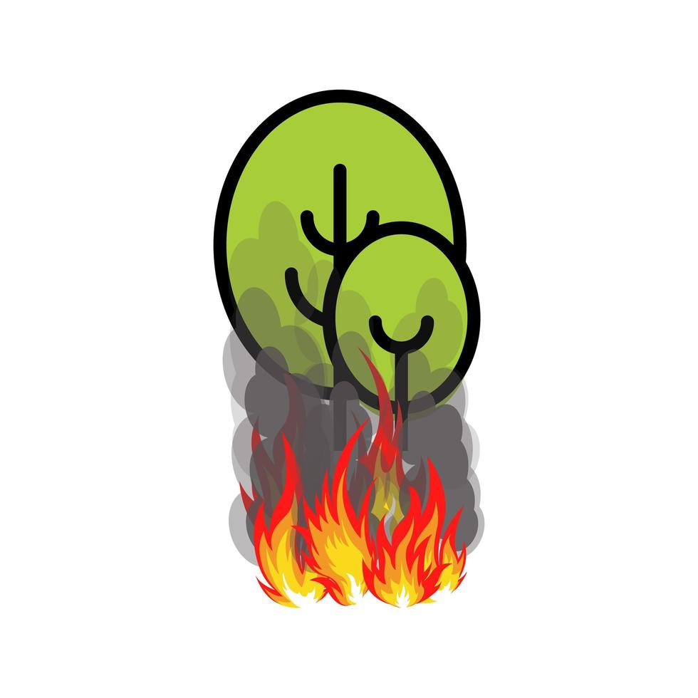 icona di incendi boschivi, due alberi con il fuoco sotto di loro, illustrazione vettoriale su sfondo bianco.