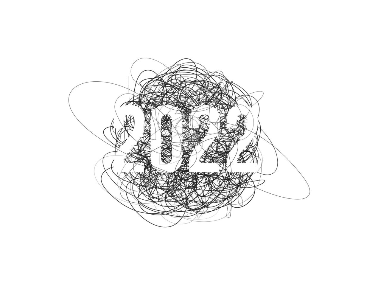 Anno nuovo 2022, filo disegnato a matita caos, linee di disegno scarabocchio sfondo bugna con numeri 2022, illustrazione vettoriale creativo per la decorazione delle vacanze di natale