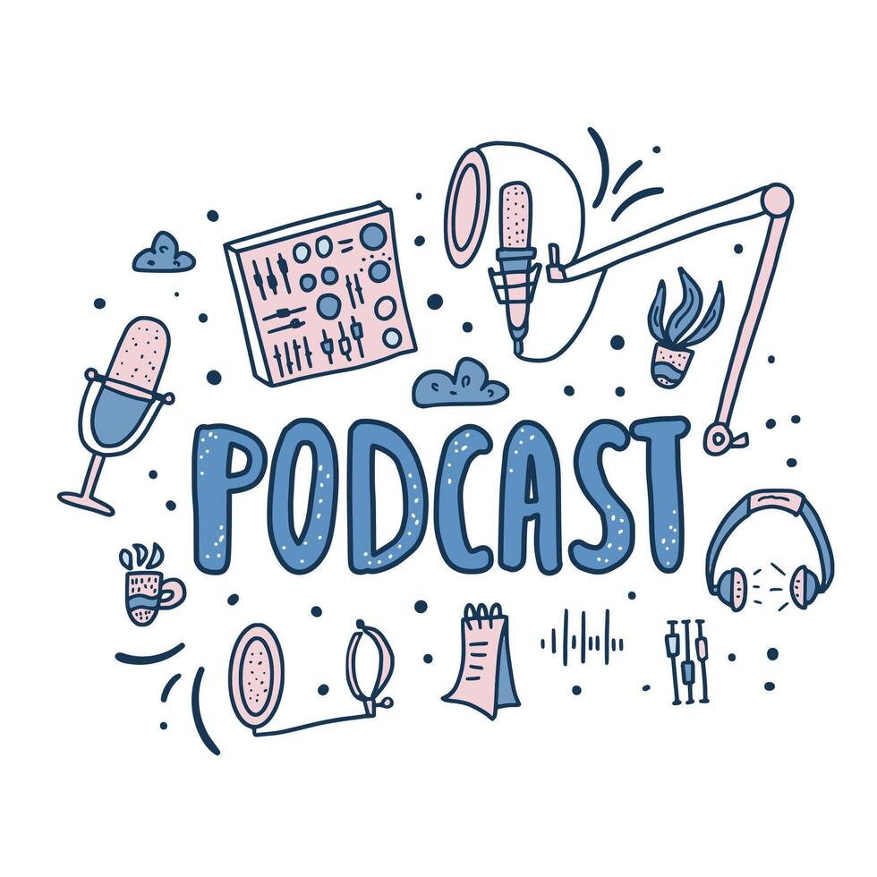 Podcast lettering con decorazione. vettore design.