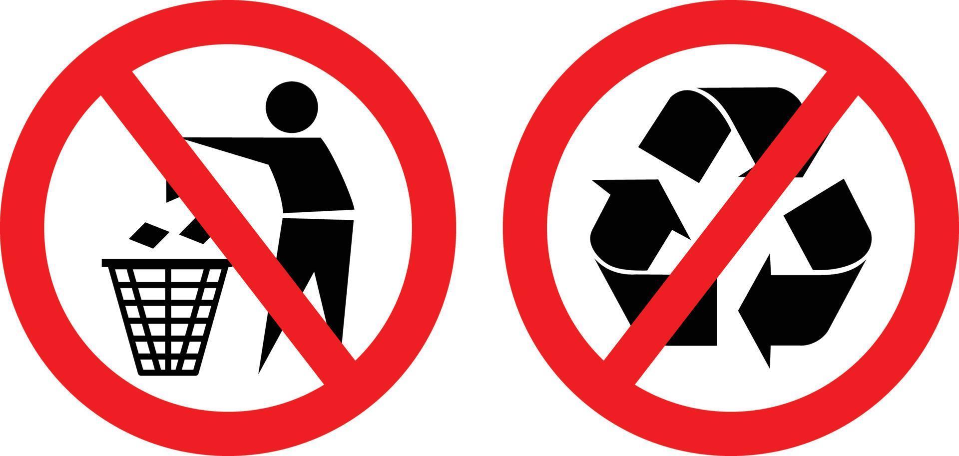 nessun cestino o gettare spazzatura, nessun segno di set di icone consentito per il riciclaggio vettore