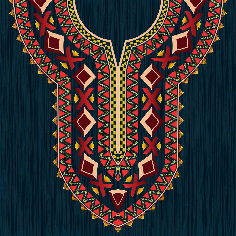 un' vivace collo design con intricato geometrico motivi nel tribale stile. simmetrico digitale modello per il scollatura di indiano Kurta, Kurti, caftano vestire, e africano dashiki camicia. vettore