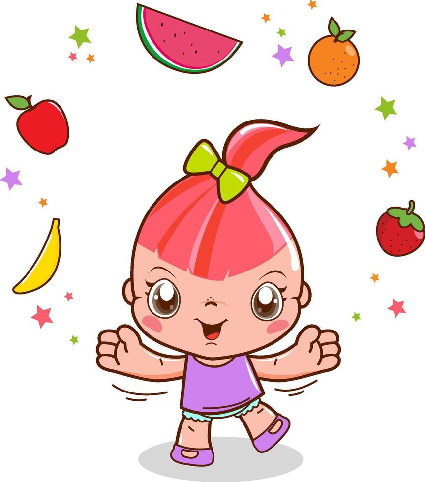 bambino con frutta. un' contento poco ragazza giocando con salutare cibo. salutare mangiare abitudini. vettore illustrazione