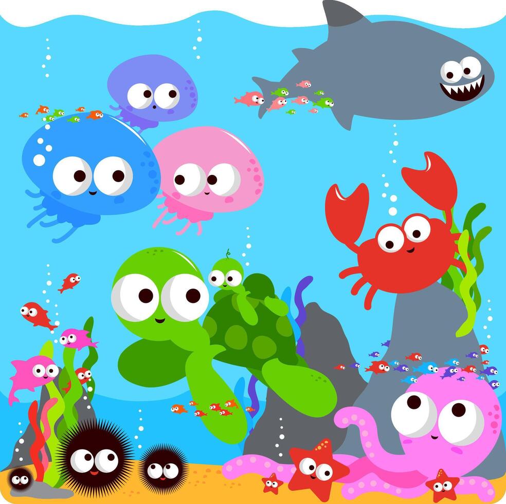 carino pesce, polpo, Medusa, mare tartarughe, e squalo personaggi nuoto sotto il mare. colorato mare animali nuoto sott'acqua. vettore illustrazione