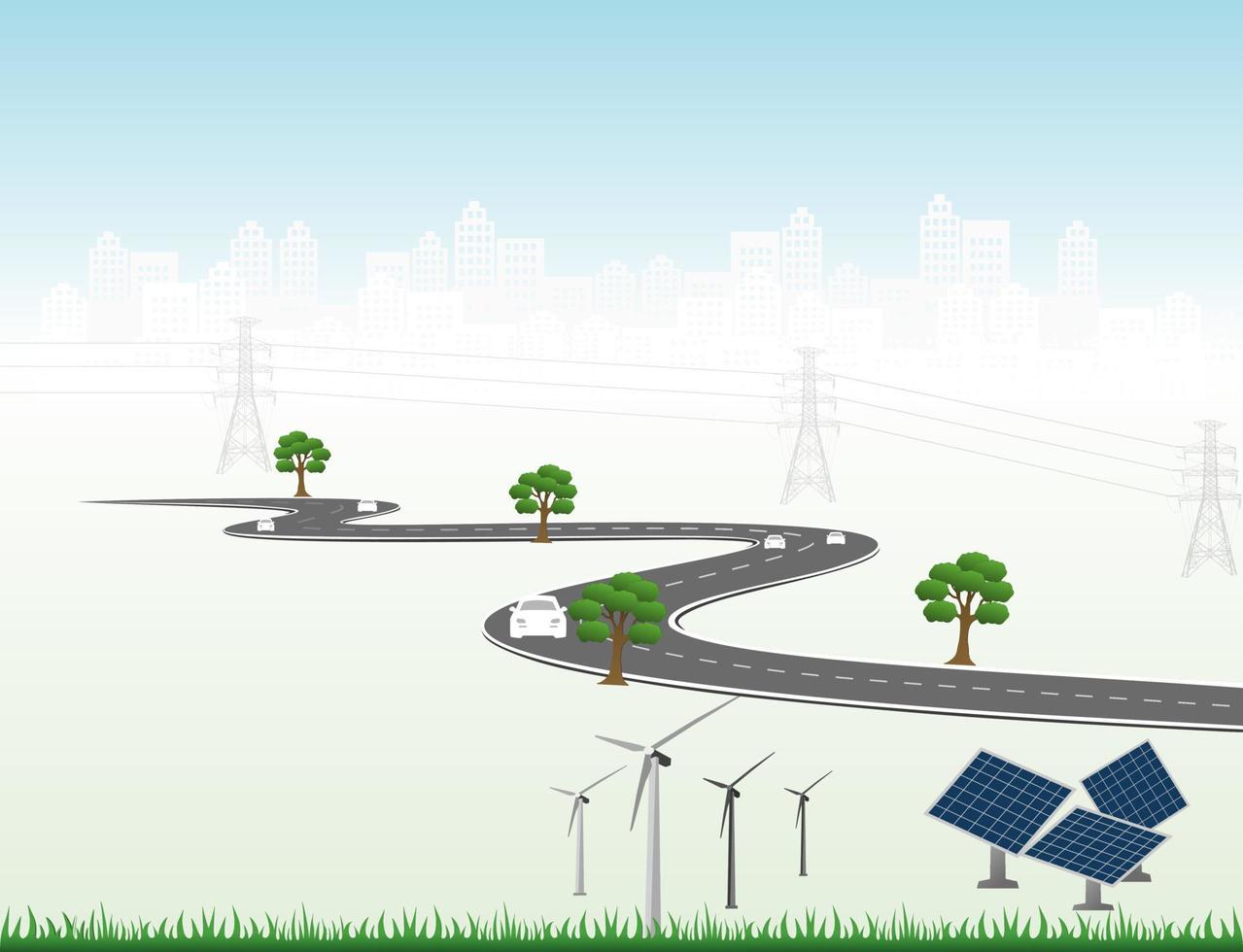 sistema di generazione di energia energia pulita rinnovabile dalla natura, come l'energia eolica, solare, idrica, può essere utilizzata per produrre elettricità. modello di vettore infografica timeline delle operazioni aziendali con bandiere