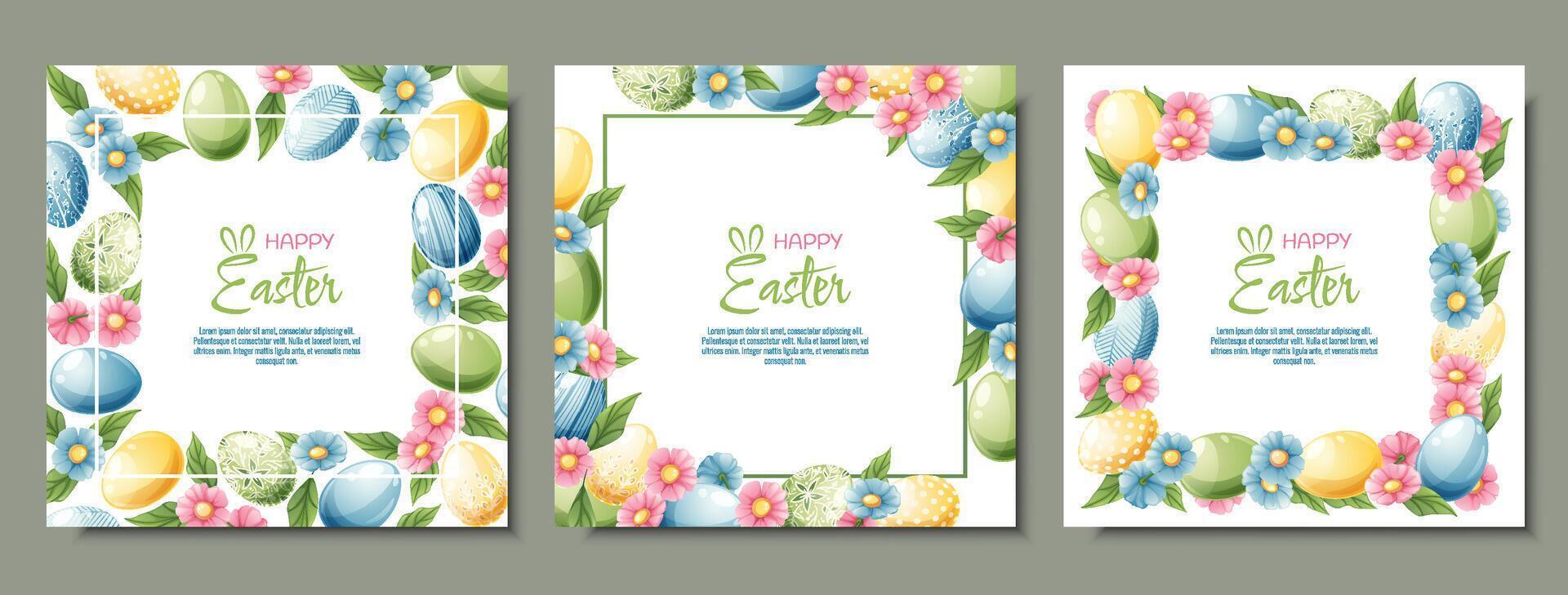 impostato di sfondo con Pasqua uova e fiori. cartolina, bandiera per Pasqua. primavera volta. telaio con colorato uova. vettore