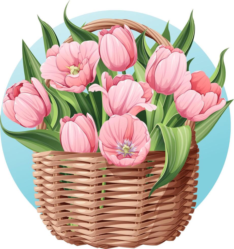 di vimini cestino con rosa tulipani su un isolato sfondo. adatto per Pasqua, donne S giorno. vettore primavera illustrazione. regalo per mamma.