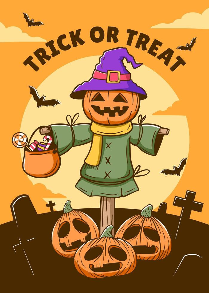 contento Halloween divertente spaventapasseri con pipistrelli, zucca, caramella. vettore illustrazione
