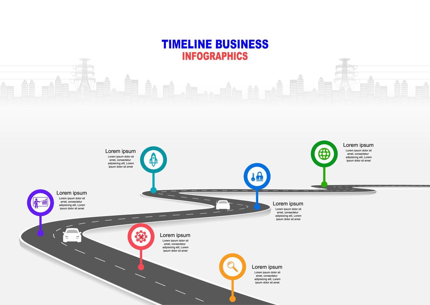 modello vettoriale infografica timeline delle operazioni commerciali con bandiere e segnaposto su strade curve. simboli, passaggi per una pianificazione aziendale di successo adatti a pubblicità e presentazioni