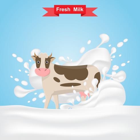 mucca del latte stare sulla spruzzata di latte fresco vettore