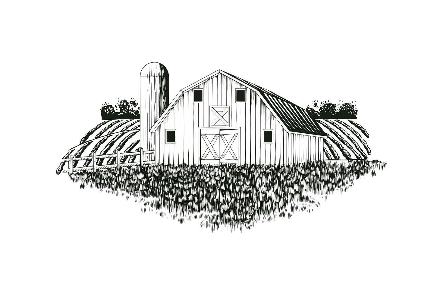 vettore illustrazione di fienile su azienda agricola nel incisione stile