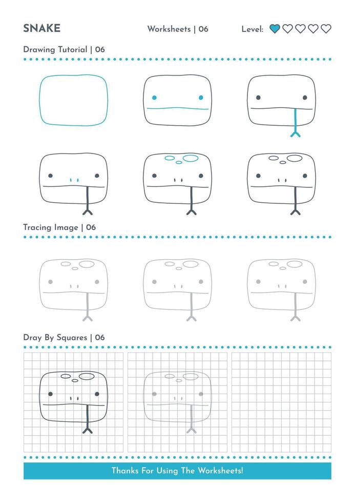 Come per disegnare scarabocchio serpente, cartone animato personaggio passo di passo disegno tutorial. attività fogli di lavoro per bambini vettore