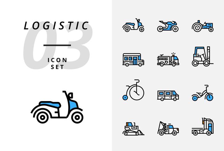 Icon pack per logistica, camion veloce, acquisto, tempi di consegna, carrello elevatore, container, imballaggio, container, nave, postino, merci via aerea, bike messenger, tracking. vettore