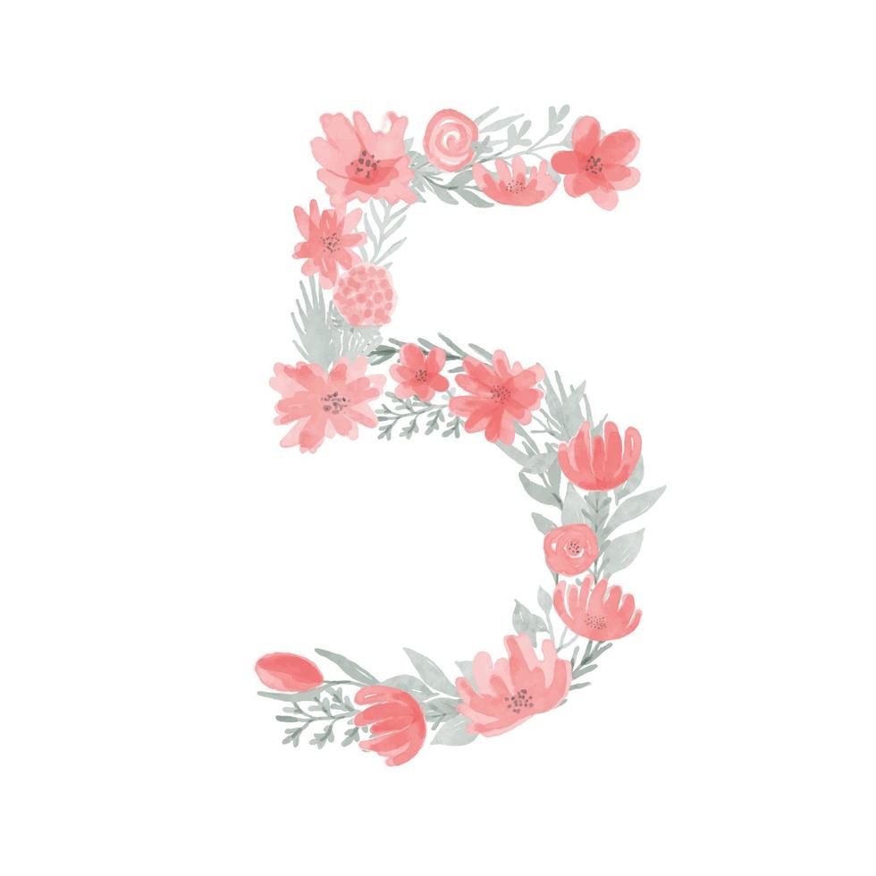 acquerello floreale numero 5. numero cinque fatto di fiori. monogramma numerico. vettore