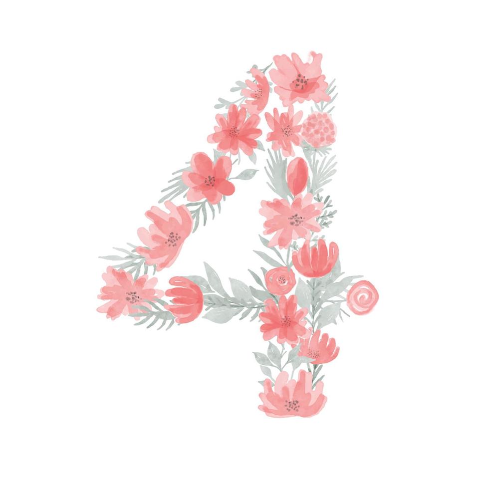 acquerello floreale numero 4. numero quattro fatto di fiori. monogramma numerico. vettore