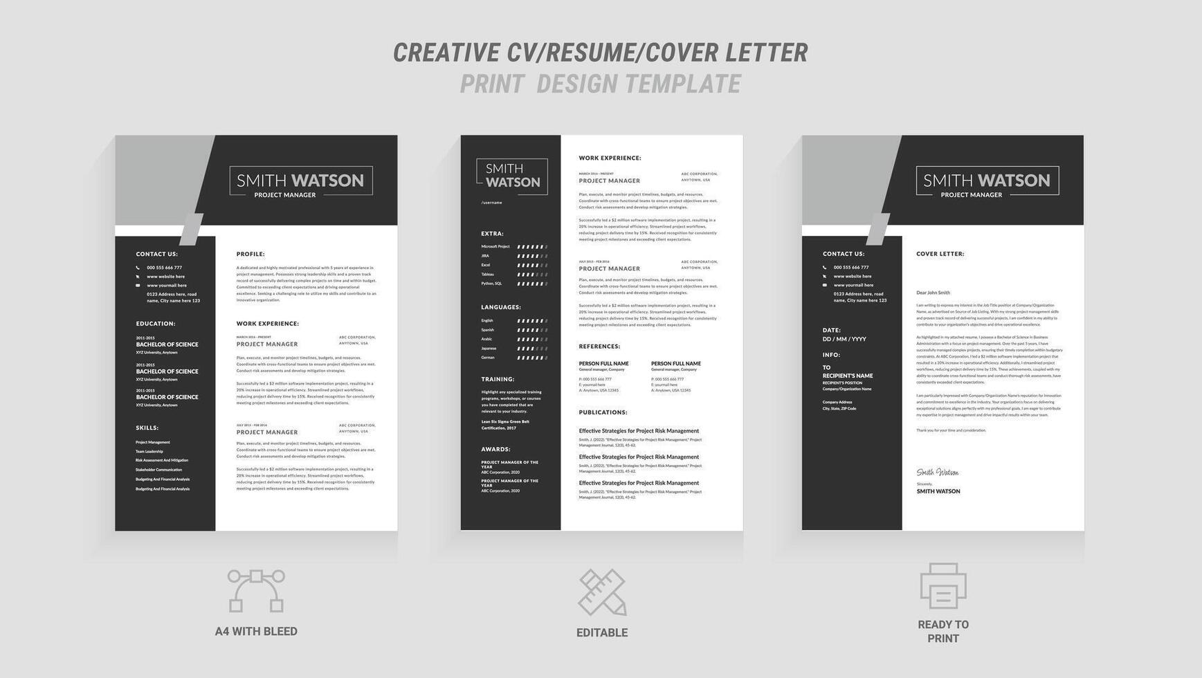 multiuso pulito moderno riprendere, copertina lettera design modello con grigio intestazione, piè di pagina, ideale per attività commerciale lavoro applicazioni, minimalista CV disposizione, vettore grafico per professionale riprendere, CV design