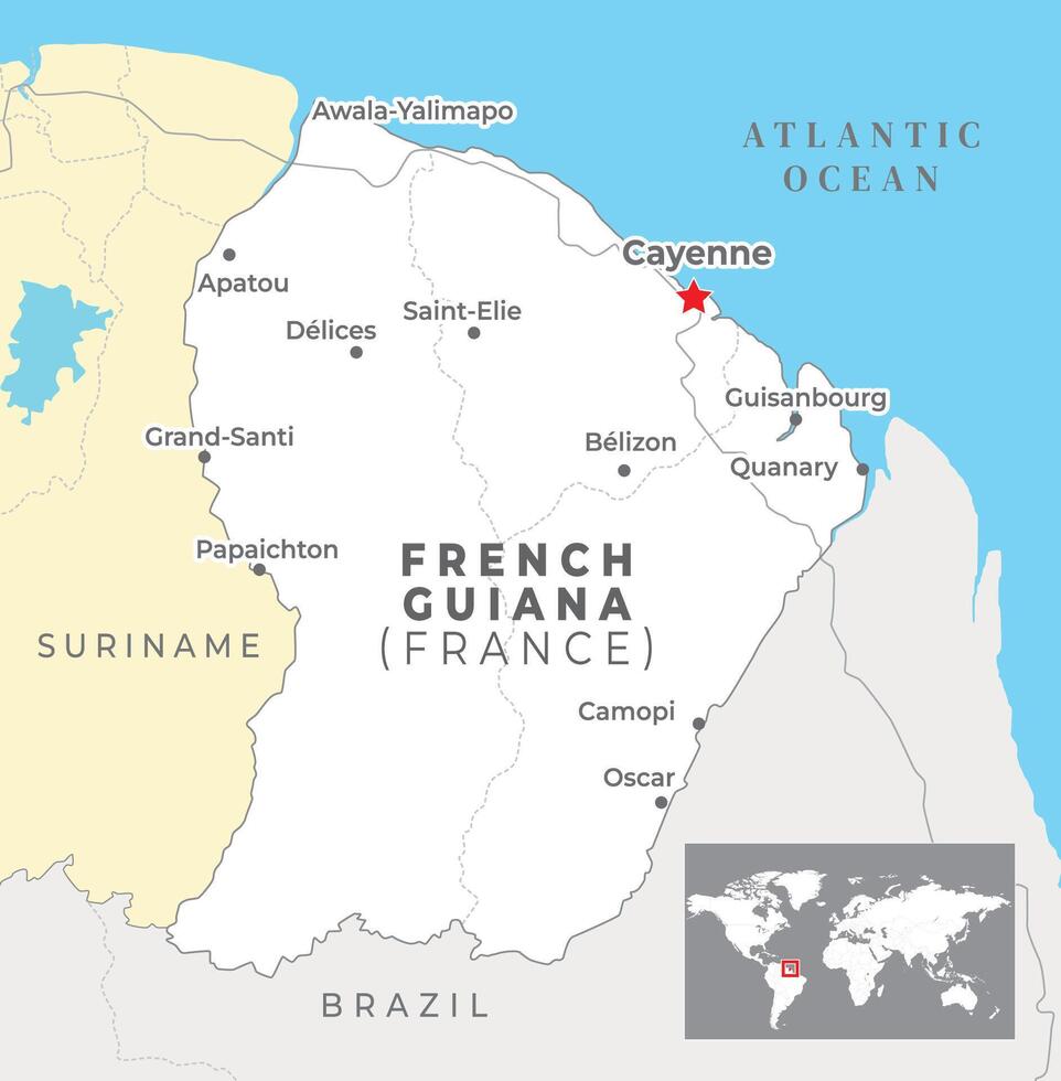 francese Guiana politico carta geografica con capitale peperoncino di Cayenna, maggior parte importante città con nazionale frontiere vettore
