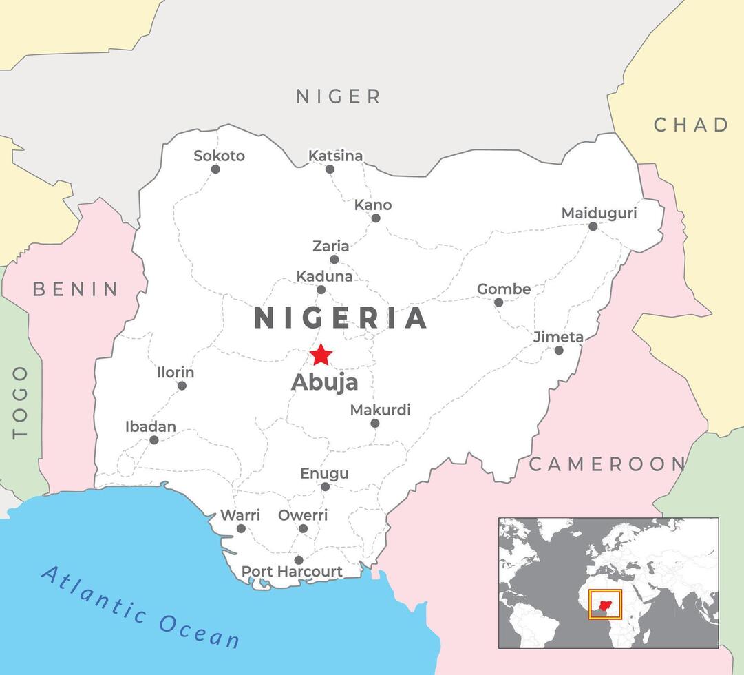 Nigeria politico carta geografica con capitale Abuja, maggior parte importante città con nazionale frontiere vettore