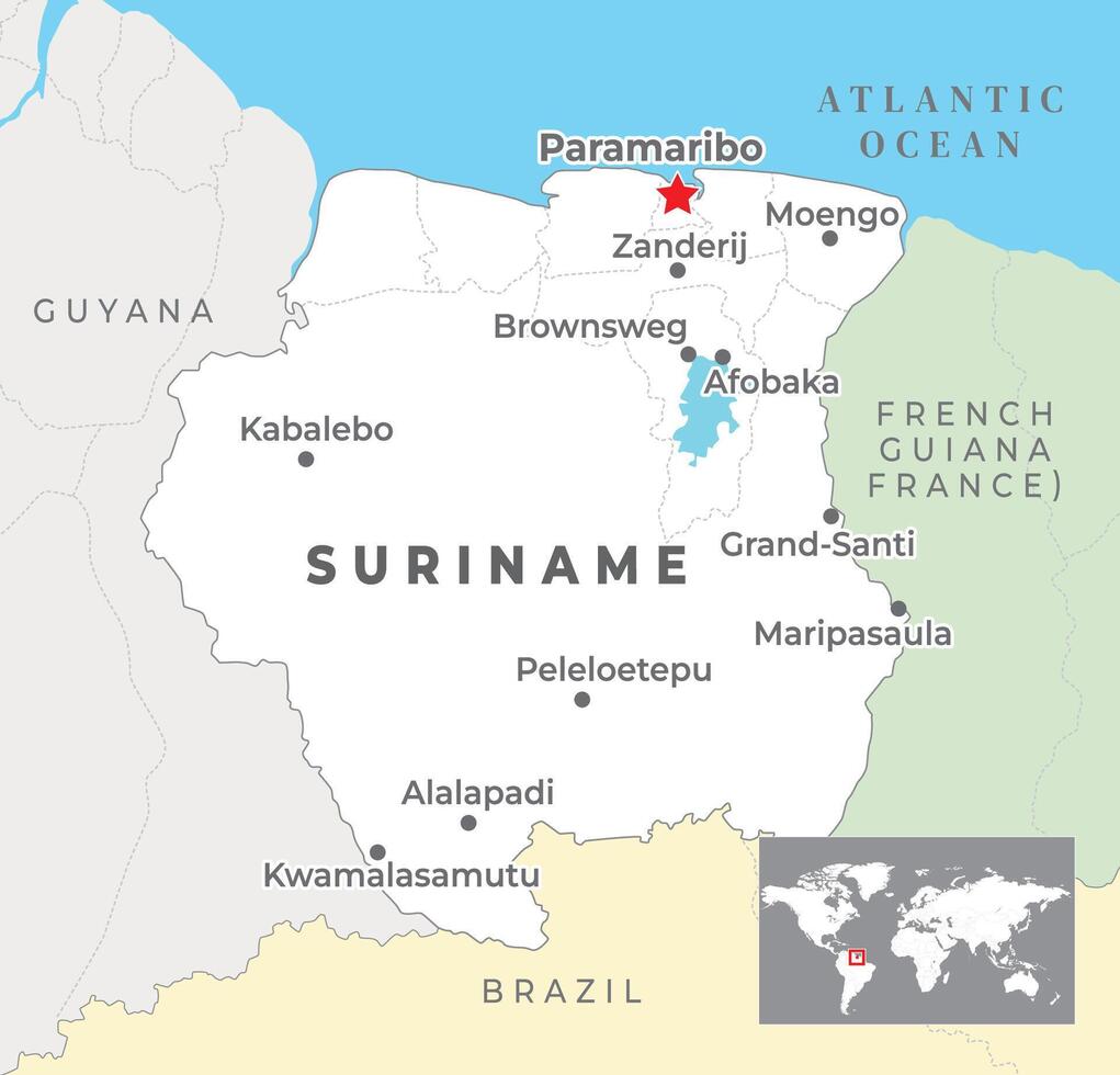 suriname politico carta geografica con capitale paramaribo, maggior parte importante città con nazionale frontiere vettore