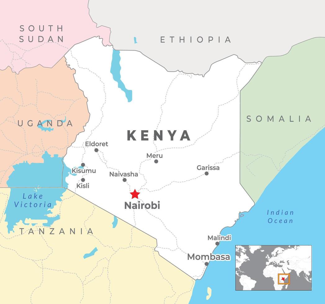 Kenia politico carta geografica con capitale Nairobi, maggior parte importante città con nazionale frontiere vettore