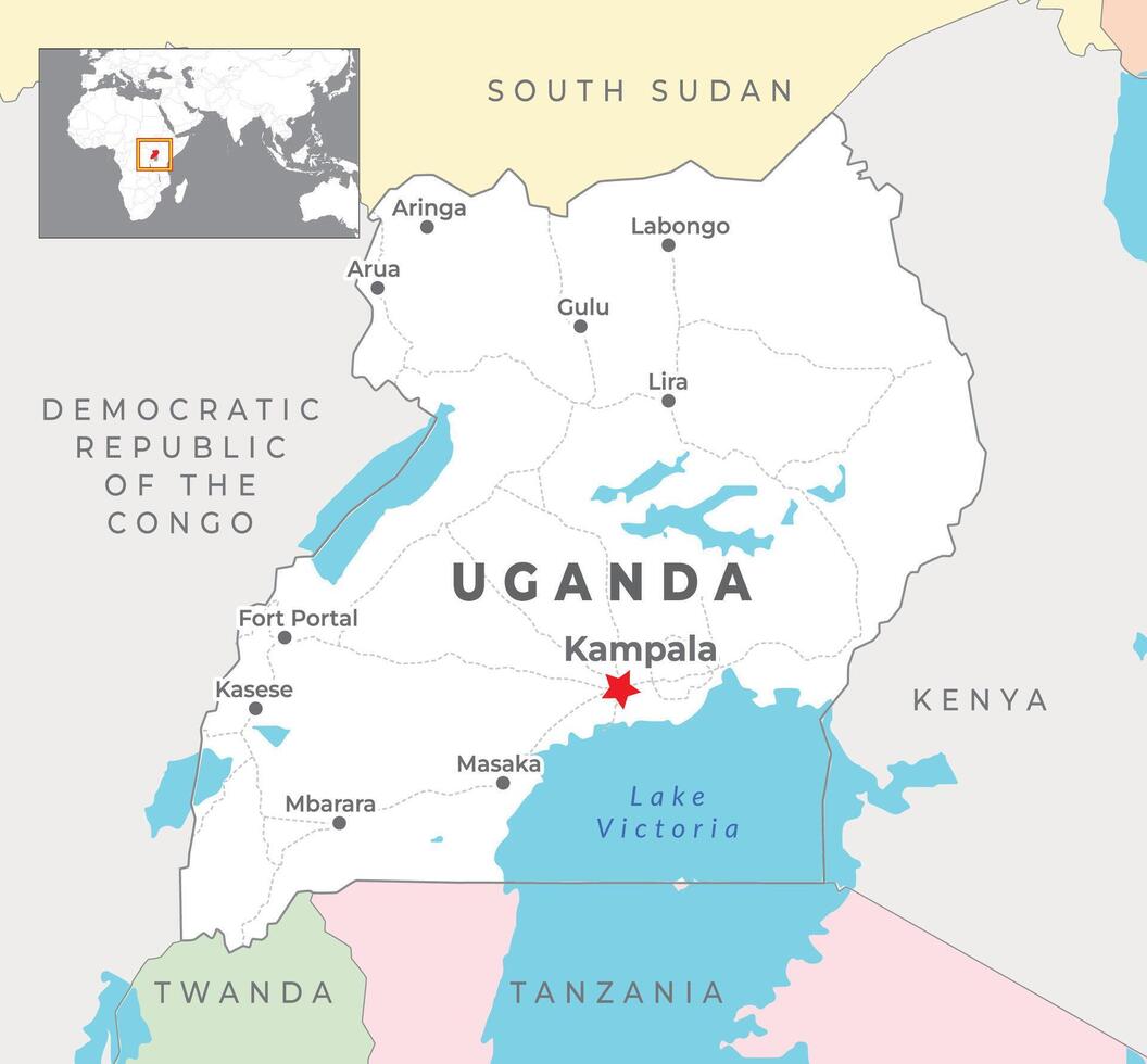 Uganda politico carta geografica con capitale Kampala, maggior parte importante città con nazionale frontiere vettore