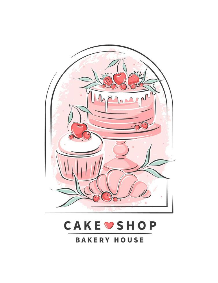 dolci, Pasticcino piatti, torta, cupcake, brioche. torta negozio. vettore illustrazione per menù, ricetta prenotare, cottura al forno negozio, bar.