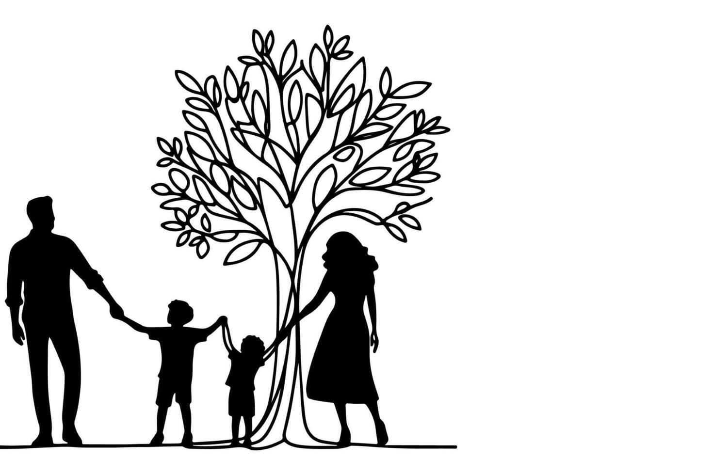 ai generato continuo uno nero linea arte disegno sagome di contento famiglia Tenere il mani con albero vettore illustrazione su bianca sfondo