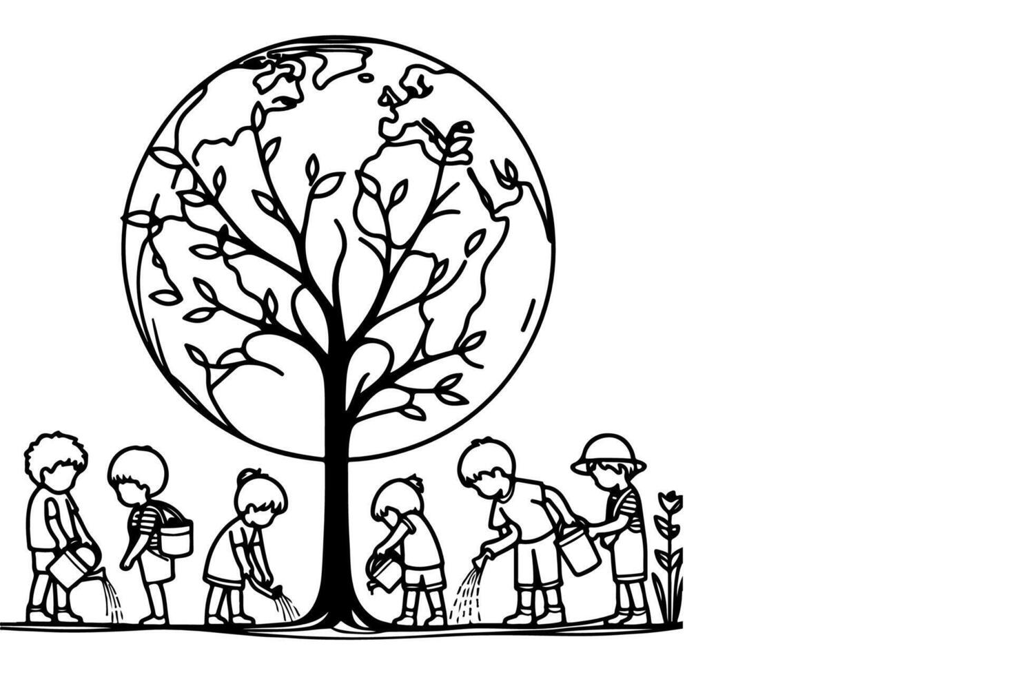 ai generato continuo uno nero linea arte disegno bambini irrigazione un' albero. piantare albero per Salva il mondo e terra giorno ridurre globale riscaldamento crescita concetto vettore illustrazione su bianca sfondo