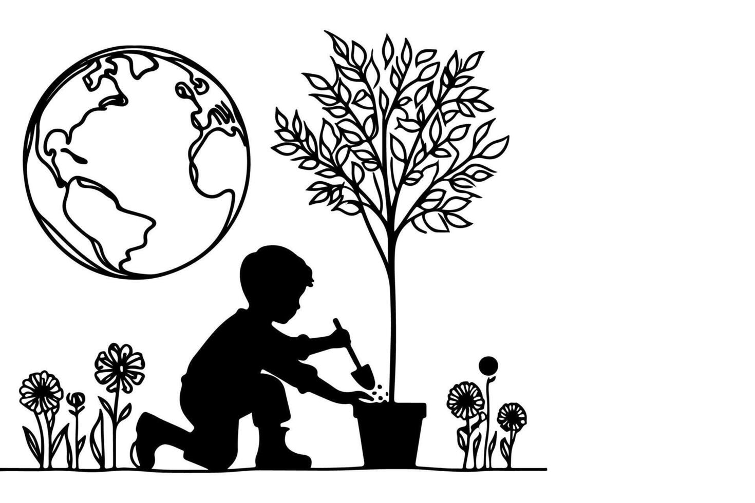 ai generato continuo uno nero linea arte disegno bambini irrigazione un' albero. piantare albero per Salva il mondo e terra giorno ridurre globale riscaldamento crescita concetto vettore illustrazione su bianca sfondo