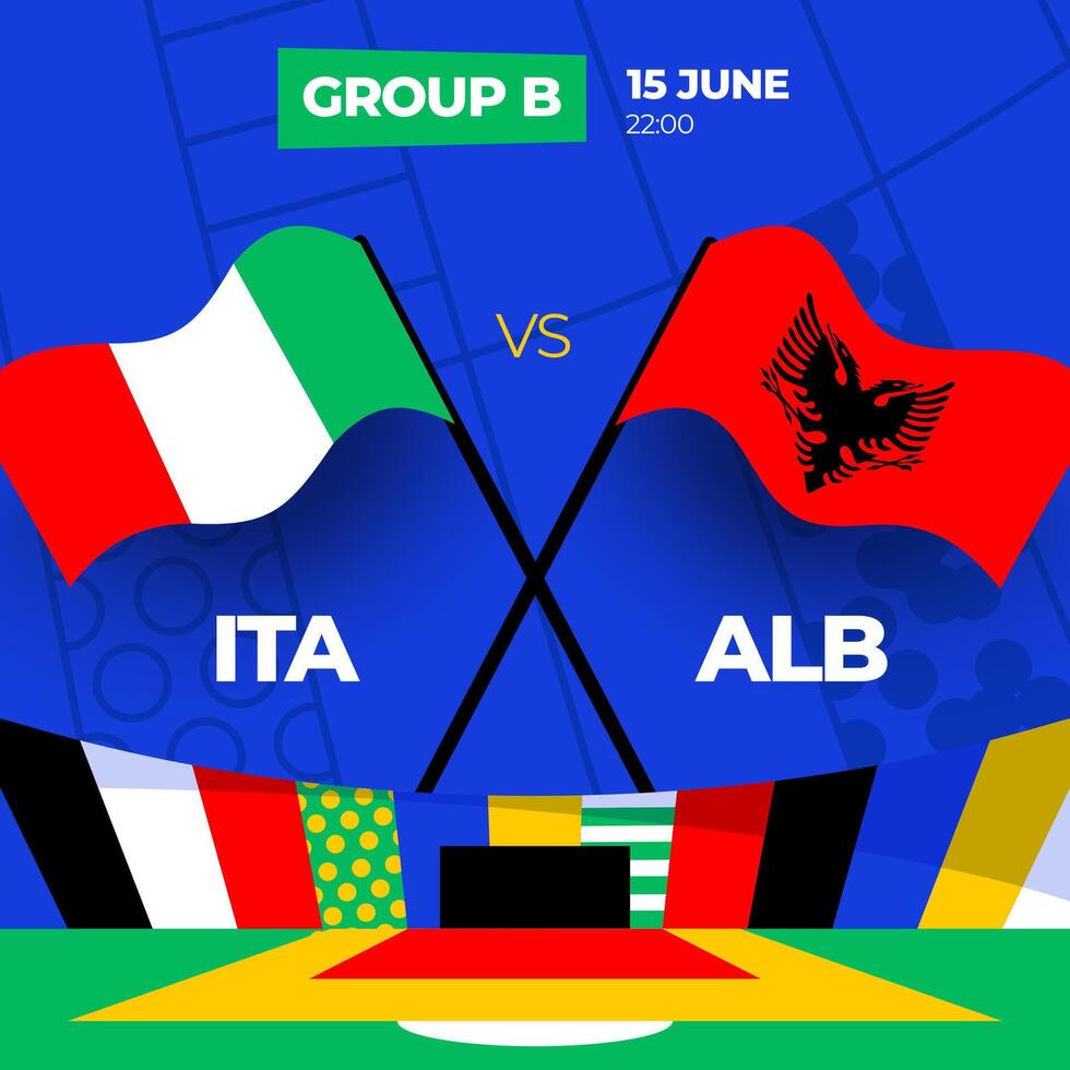 Italia vs Albania calcio 2024 incontro contro. 2024 gruppo palcoscenico campionato incontro contro squadre intro sport sfondo, campionato concorrenza vettore