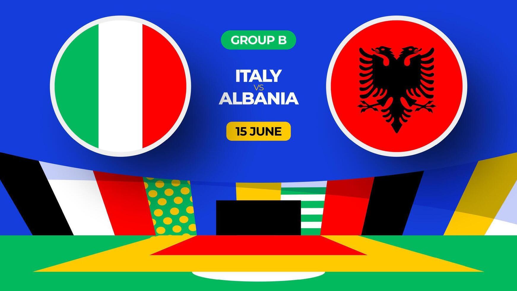 Italia vs Albania calcio 2024 incontro contro. 2024 gruppo palcoscenico campionato incontro contro squadre intro sport sfondo, campionato concorrenza vettore