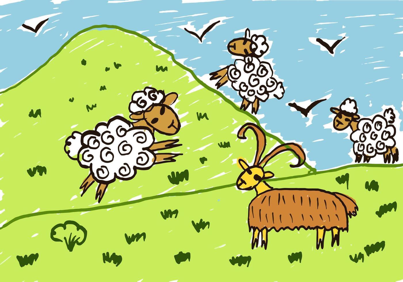 cartone animato pecora e capra su verde collina vettore